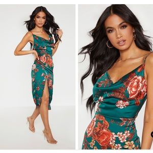 Beautiful satin emerald dress with slit